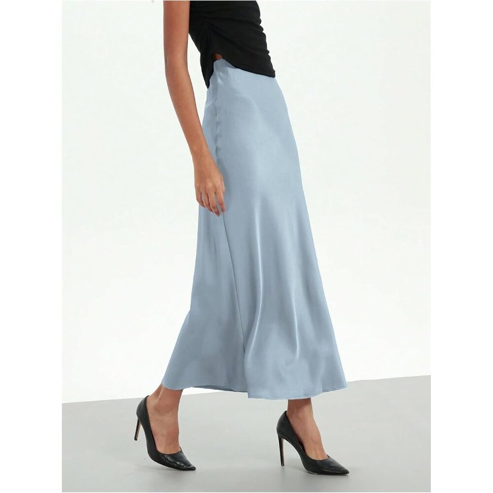 Women's Dusty Blue 100% Polyester Satin A Line Long Elegant Office Maxi Skirts - Picture 2 of 5